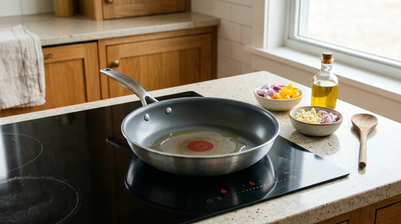 Nonstick aluminum frying pan heating on a stovetop with a visible center heat indicator