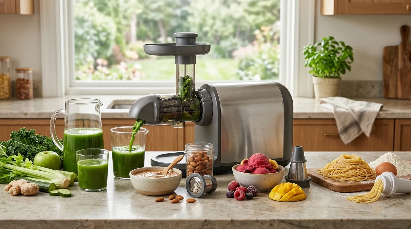 Horizontal masticating juicer setup with attachments and ingredients for juice, nut butter, sorbet, and food preparation
