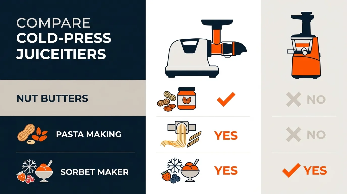 Side-by-side comparison of juicer functions including nut butter, pasta, and sorbet preparation