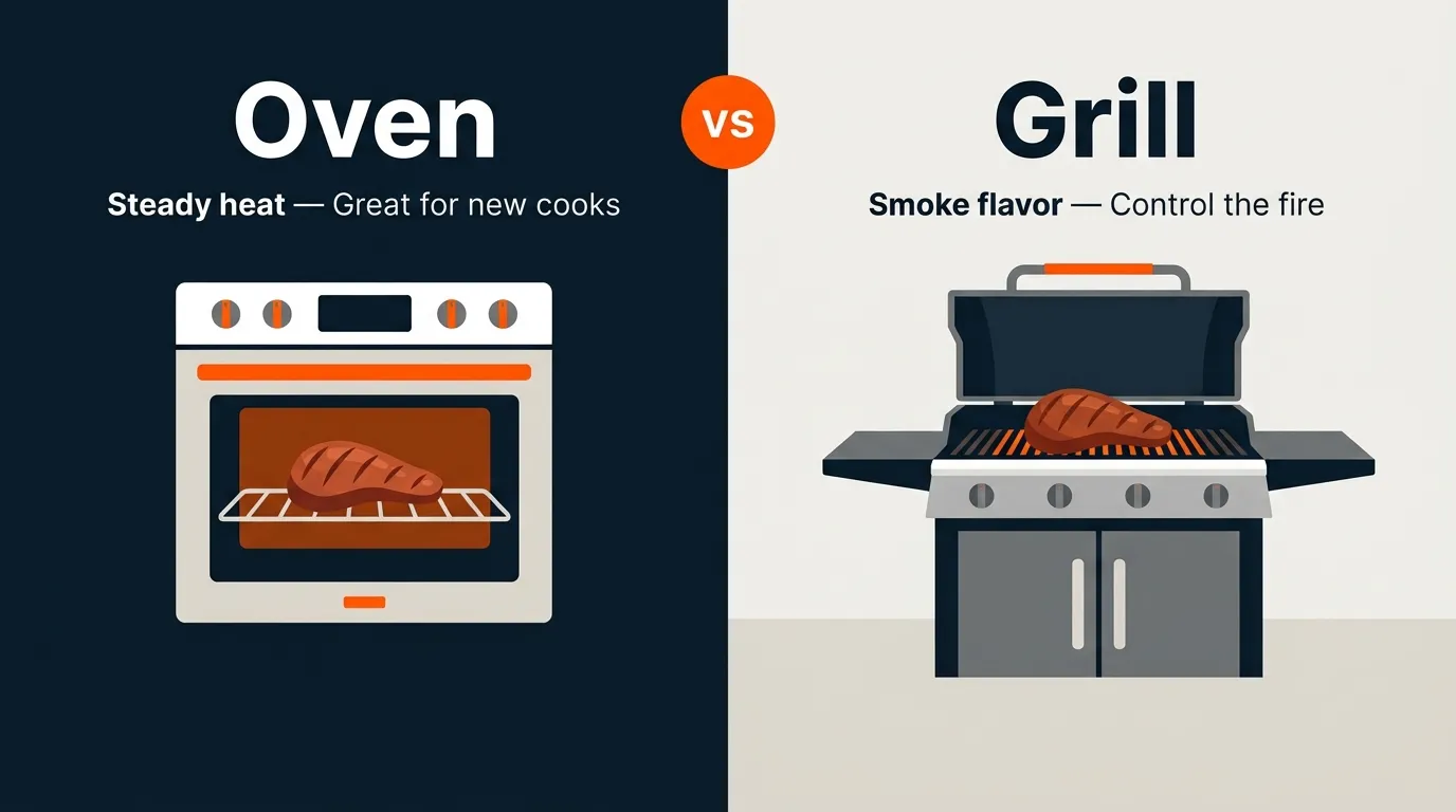 Tri tip cooking comparison showing an oven-roasted roast and a grilled tri tip with different cooking environments
