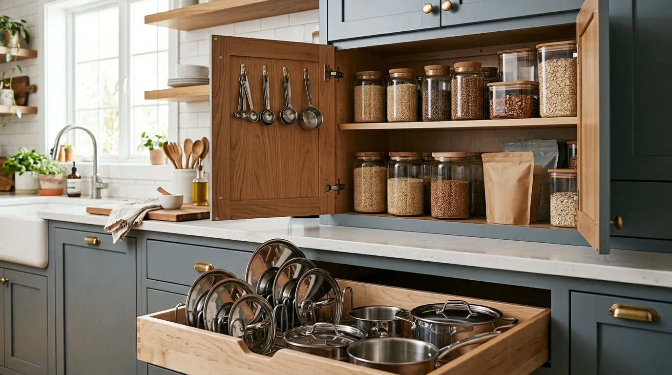Organized kitchen cabinet with upright pot lids, clear food jars, door hooks, and older food placed in front