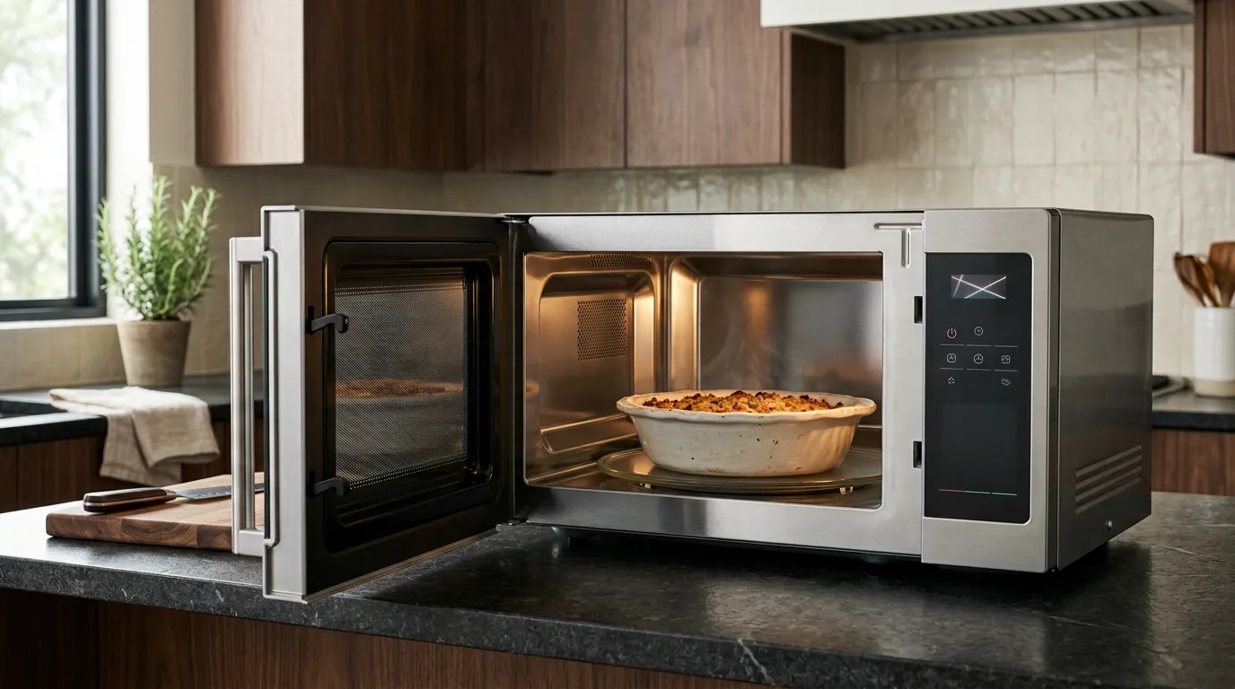 Premium stainless steel microwave with electronic controls and a large dish inside a modern kitchen