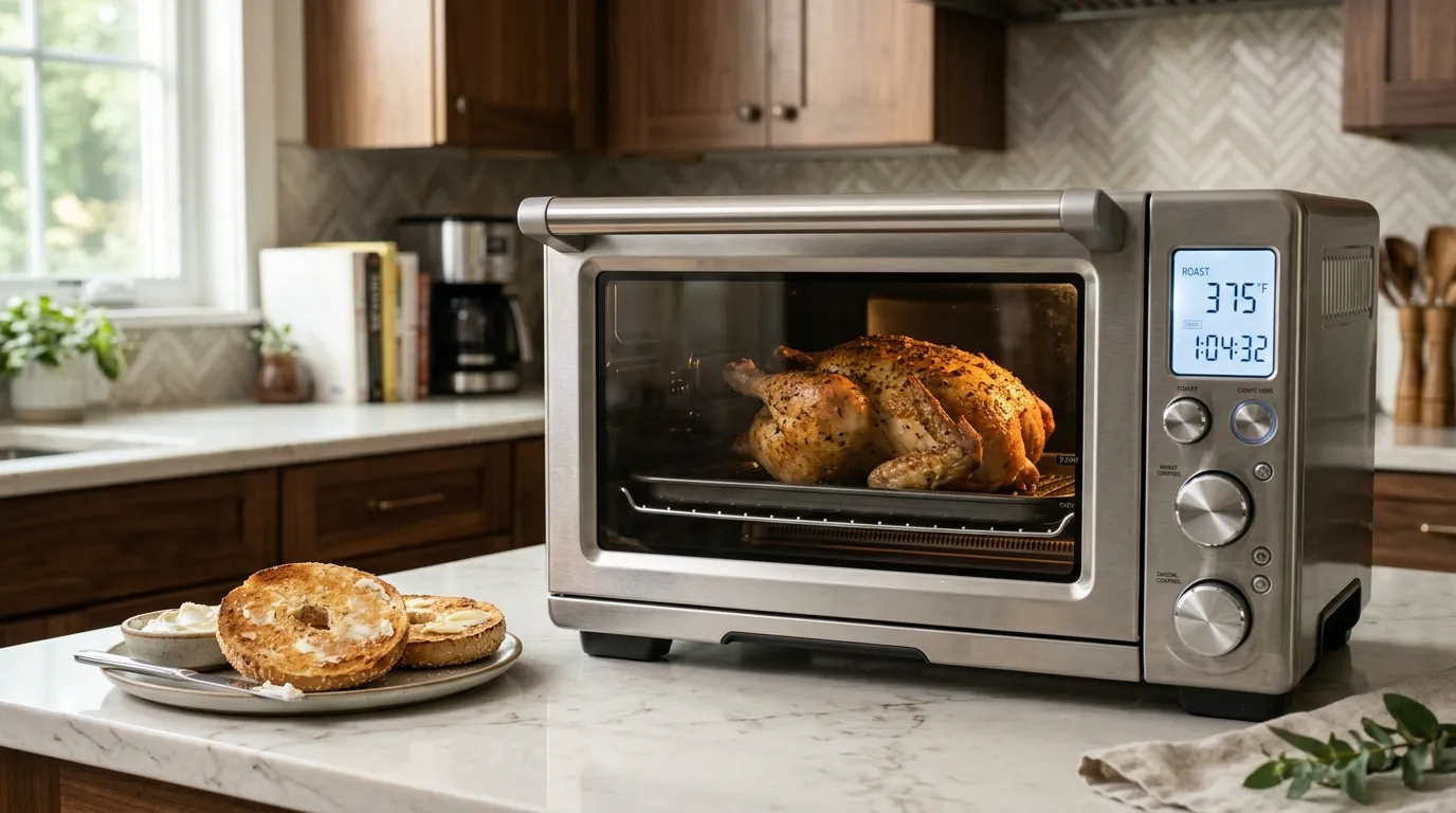 Premium countertop toaster oven roasting a whole chicken and evenly toasting bagels in a modern kitchen