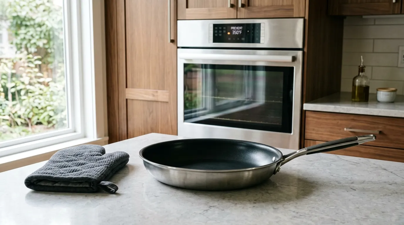 Frying pan being gradually brought to oven temperature to reduce the risk of thermal shock