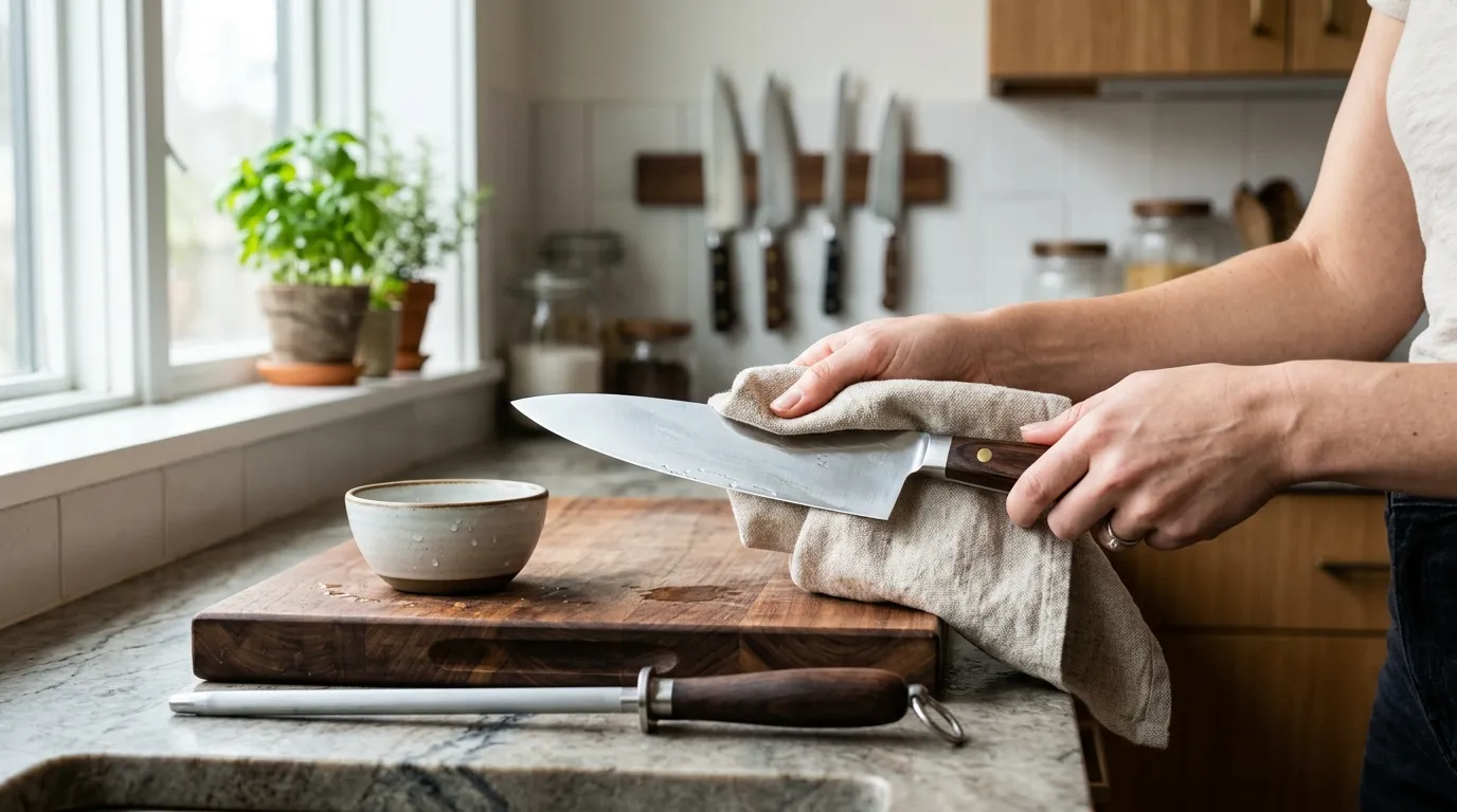 Chef’s knife being hand washed, dried, and maintained with a honing rod in a clean kitchen