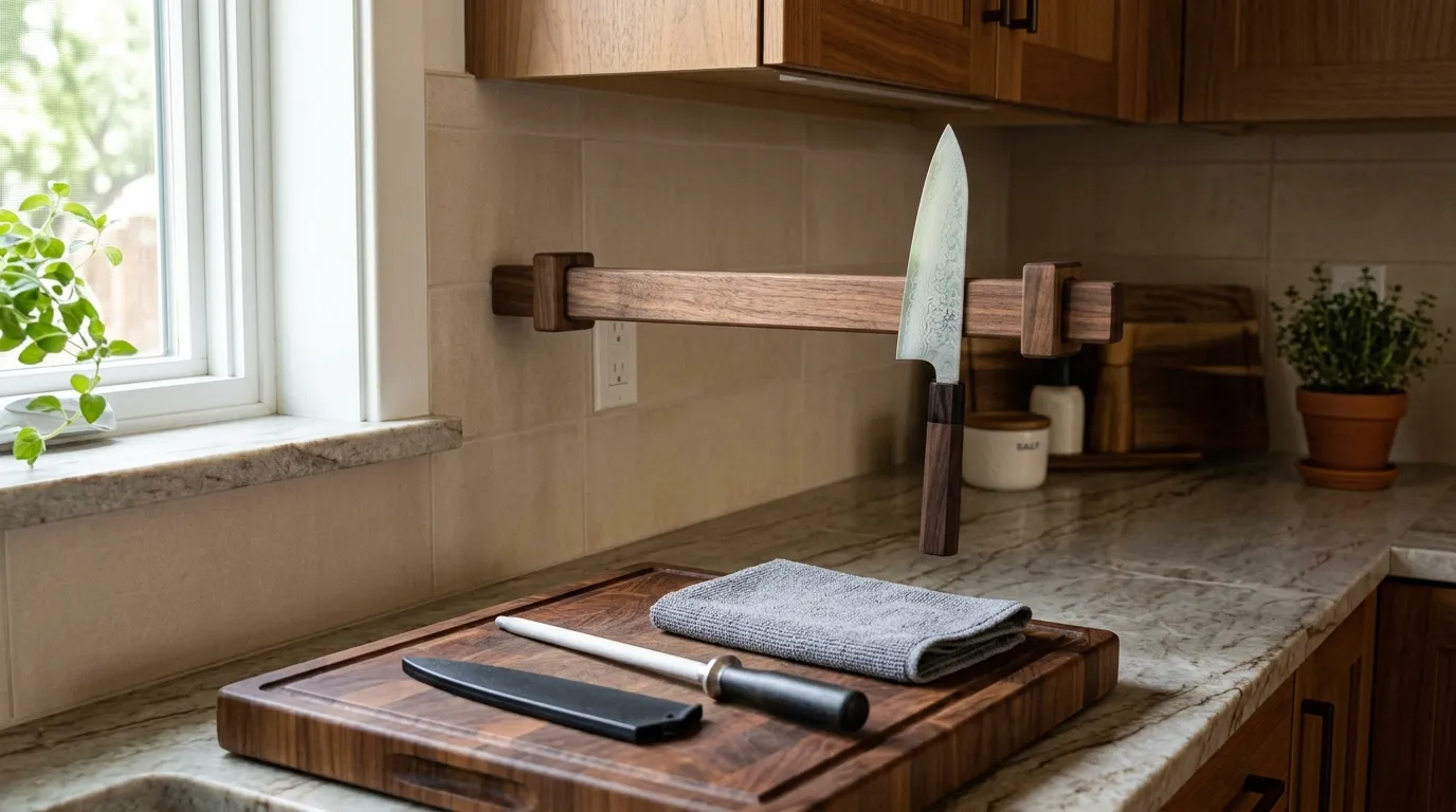 Japanese-style kitchen knife stored safely on a magnetic strip with a protective blade guard and dry towel nearby