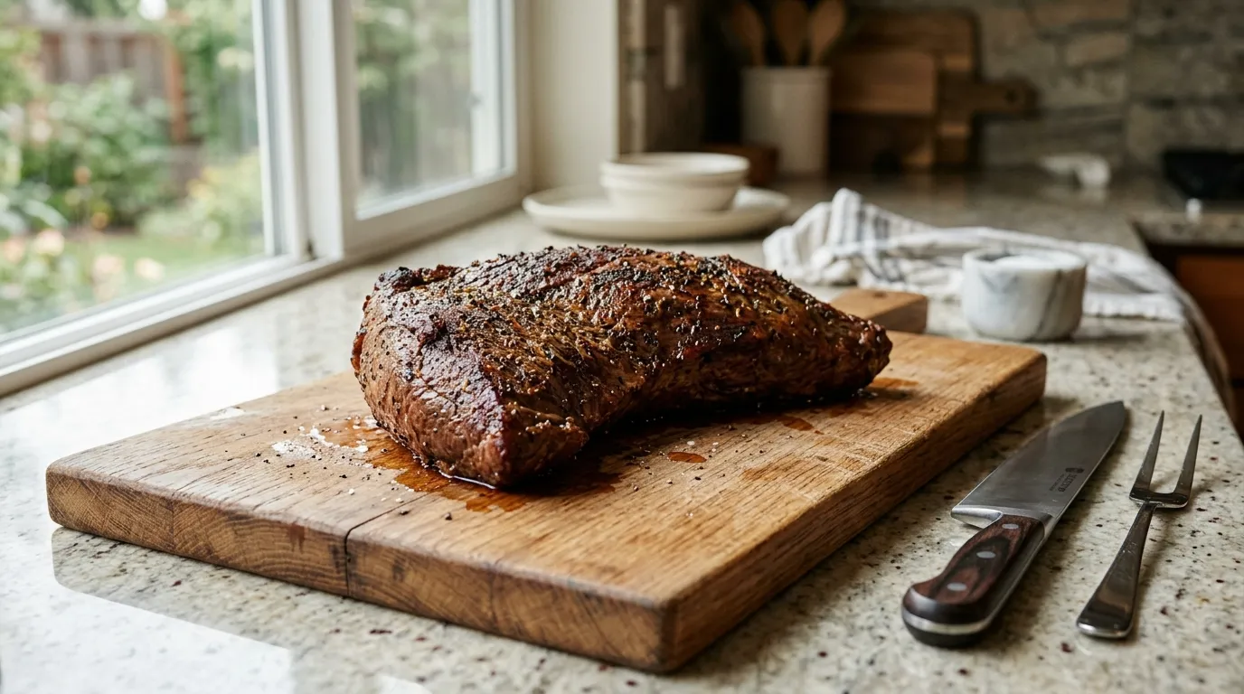 Roasted tri tip resting on a clean cutting board before slicing to help retain its juices