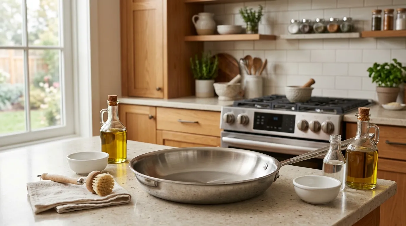 Clean stainless steel frying pan with restored shine beside vinegar and cooking oil on a kitchen counter