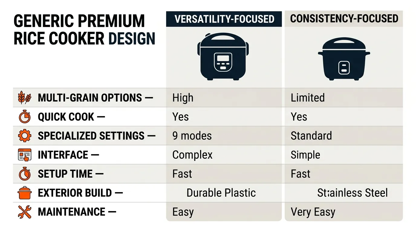 Side-by-side comparison of two premium rice cookers showing differences in cooking versatility, interface, and compact design