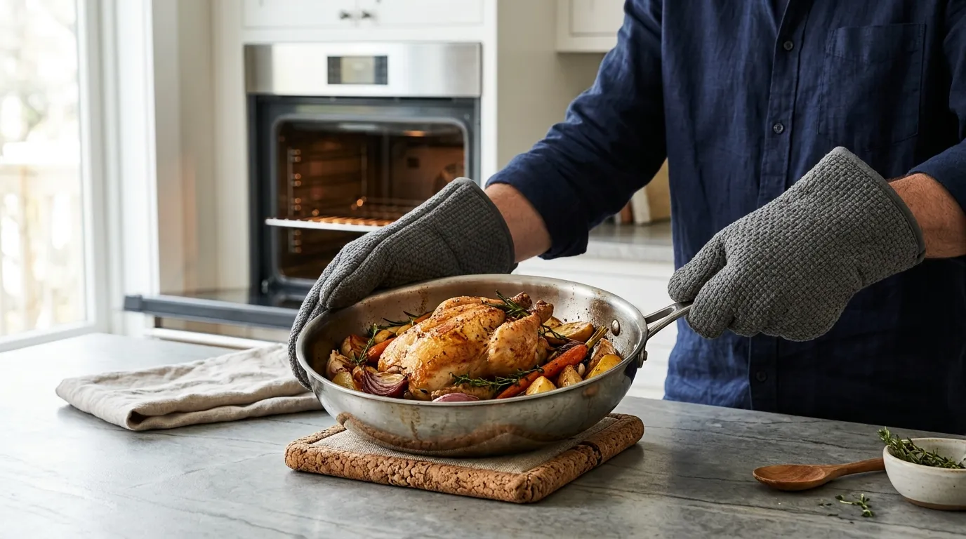 Hot stainless steel frying pan resting on a thick trivet after being removed from the oven
