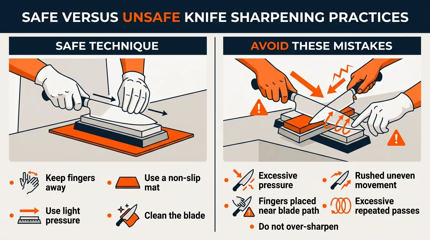 Safe knife sharpening setup with stable sharpener, controlled pressure, and fingers kept away from the blade path