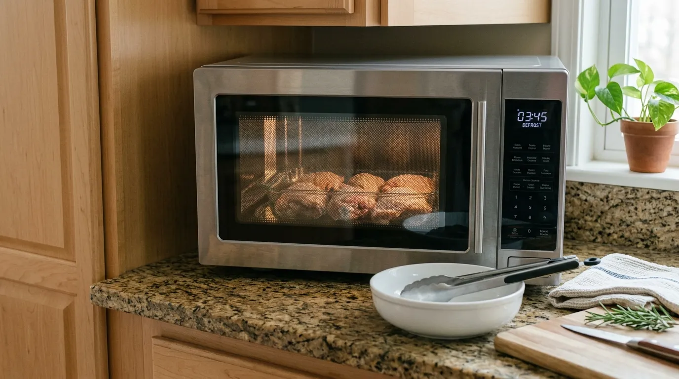 Frozen food being safely defrosted in a microwave with low power and midway turning