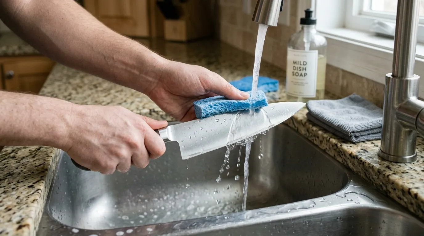 Chef’s knife gently cleaned with a soft sponge while the hand stays safely behind the cutting edge