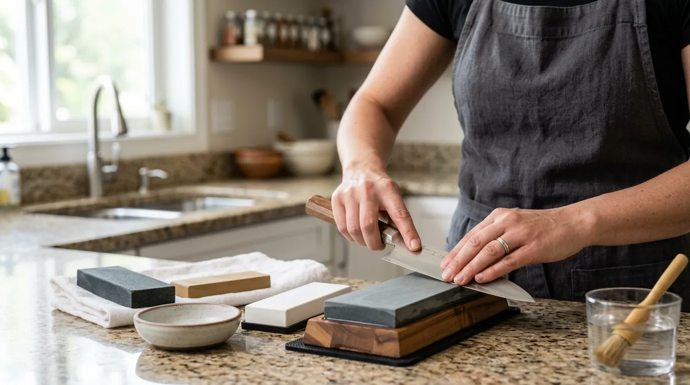 Chef’s knife held at a controlled angle while being sharpened on a secured whetstone