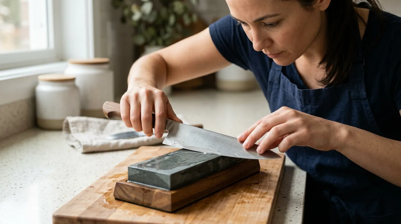 Chef’s knife being sharpened at a controlled angle on a whetstone during knife maintenance