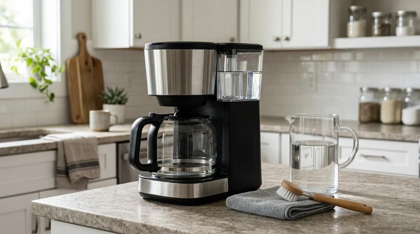 Coffee maker maintenance setup with filtered water, clean carafe, and routine cleaning supplies