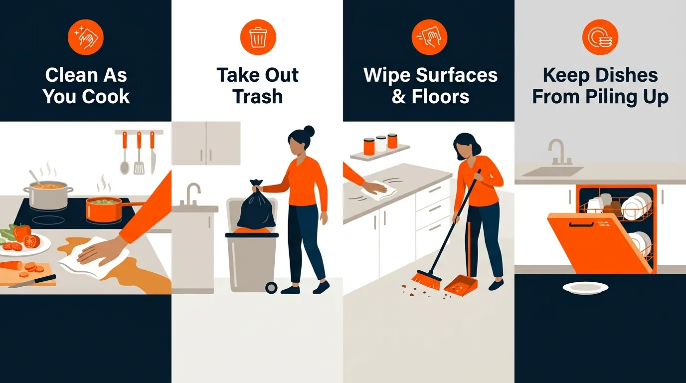 Clean kitchen routine showing dishes being washed, counters wiped, floors swept, and trash removed