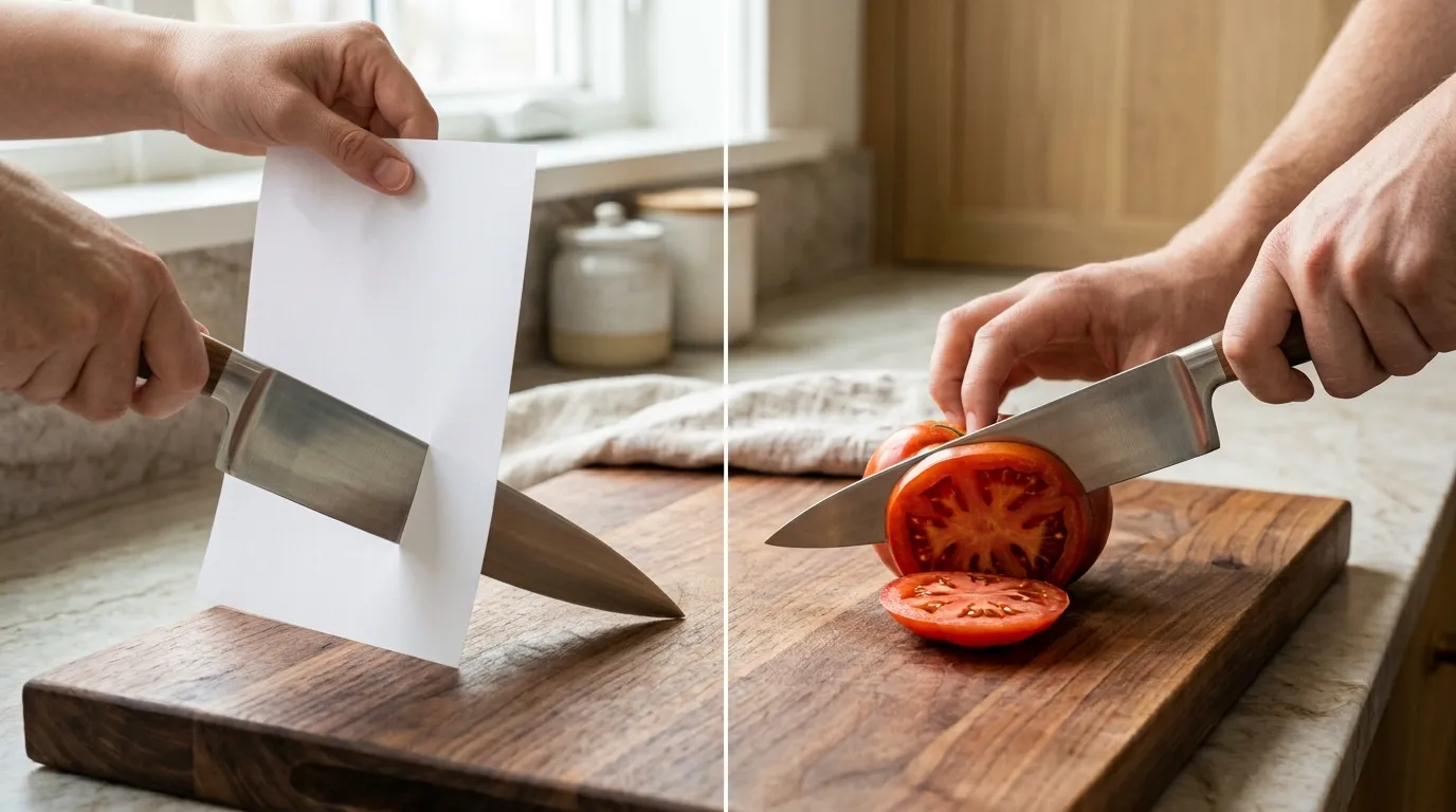 Chef’s knife being tested by slicing paper and a ripe tomato on a wooden cutting board
