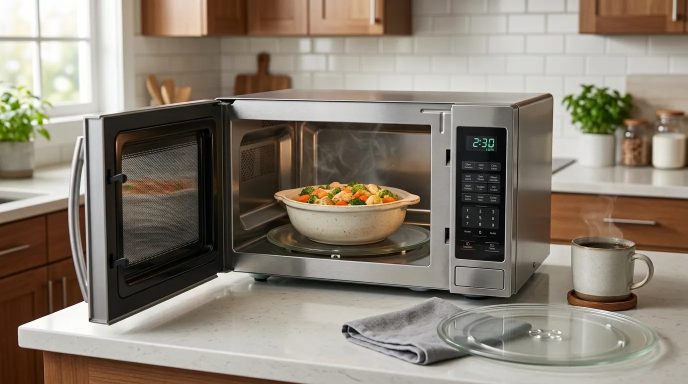 Microwave-safe covered food, vented container, and clean microwave interior for everyday cooking