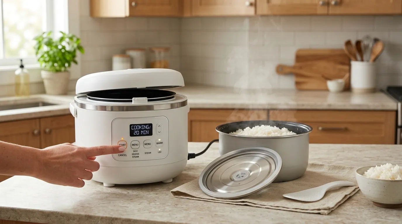 User interacting with a simple rice cooker control panel while the removable inner pot and lid are ready for cleaning