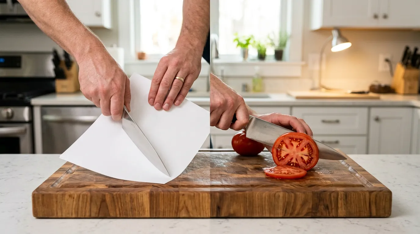 Kitchen knife being checked with a paper test and tomato slicing test to evaluate sharpness