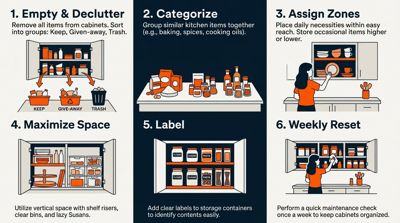 Six-step kitchen cabinet organization process from decluttering and sorting to zoning, storage, labeling, and weekly resetting