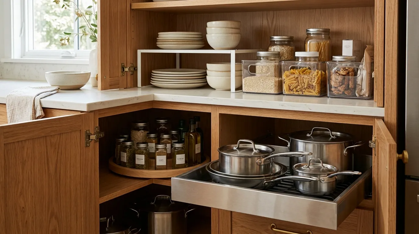 Kitchen cabinet using shelf risers, clear bins, a lazy Susan, and pull-out storage to organize cookware and pantry items