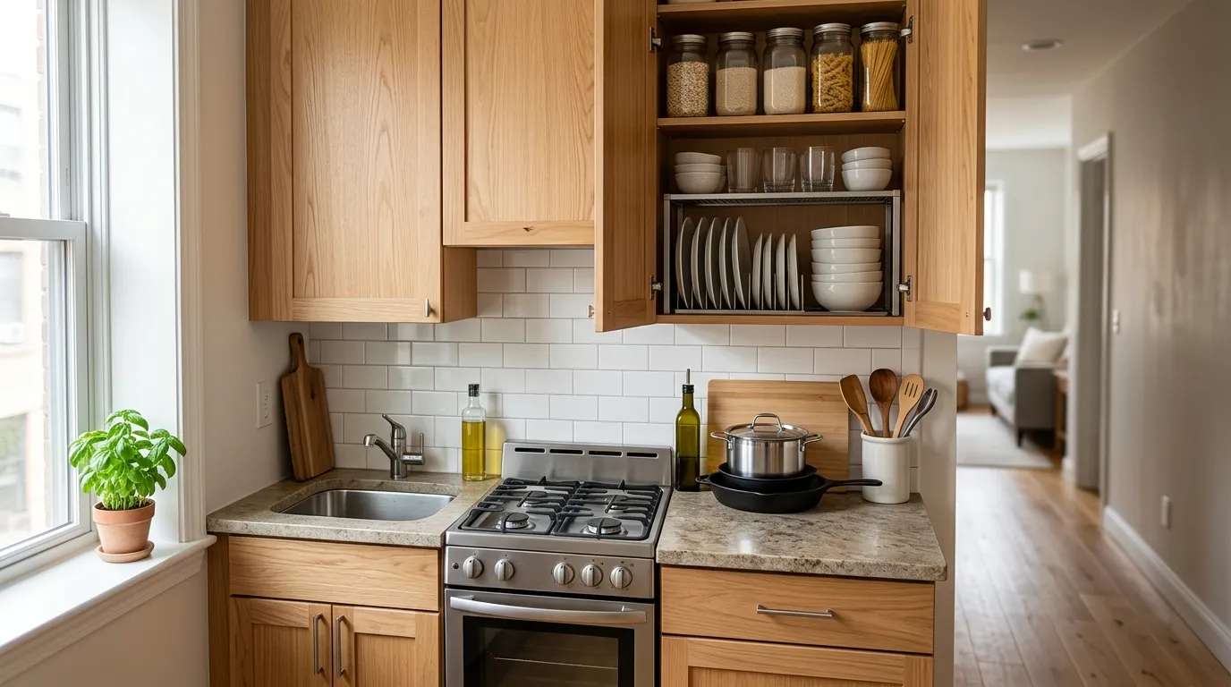 Small kitchen using vertical cabinet storage and multipurpose tools to maximize limited space