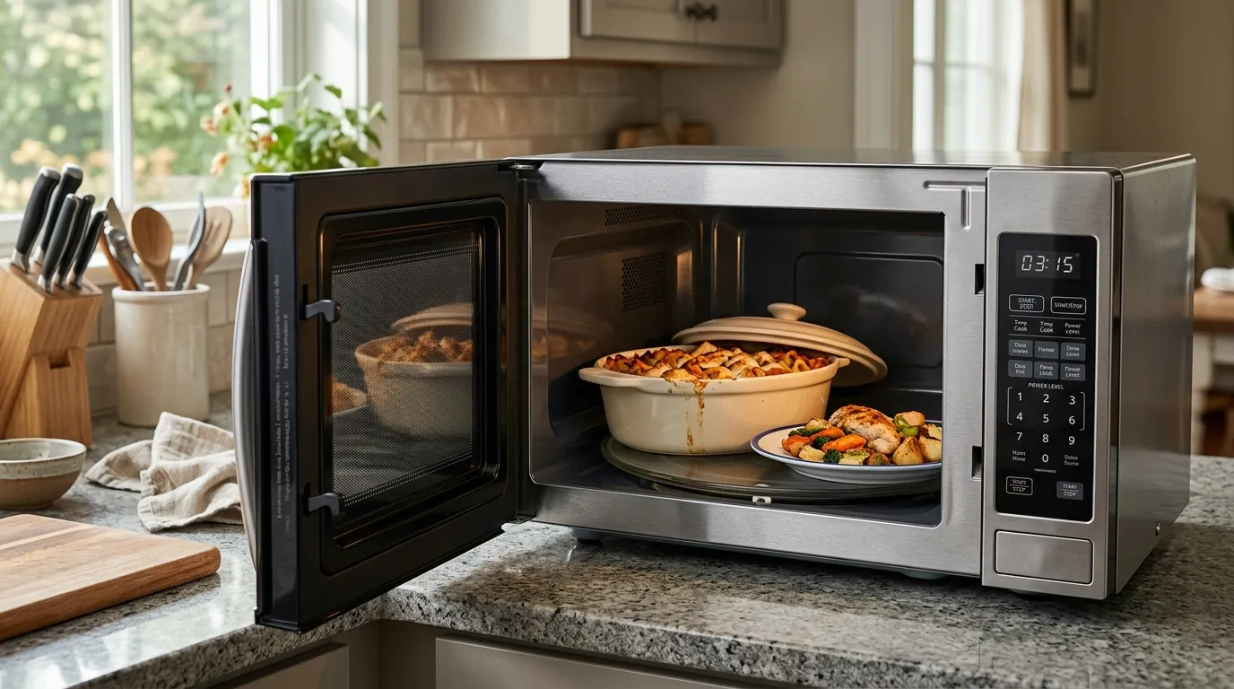 Large countertop microwave holding a casserole dish and dinner plate in a spacious kitchen