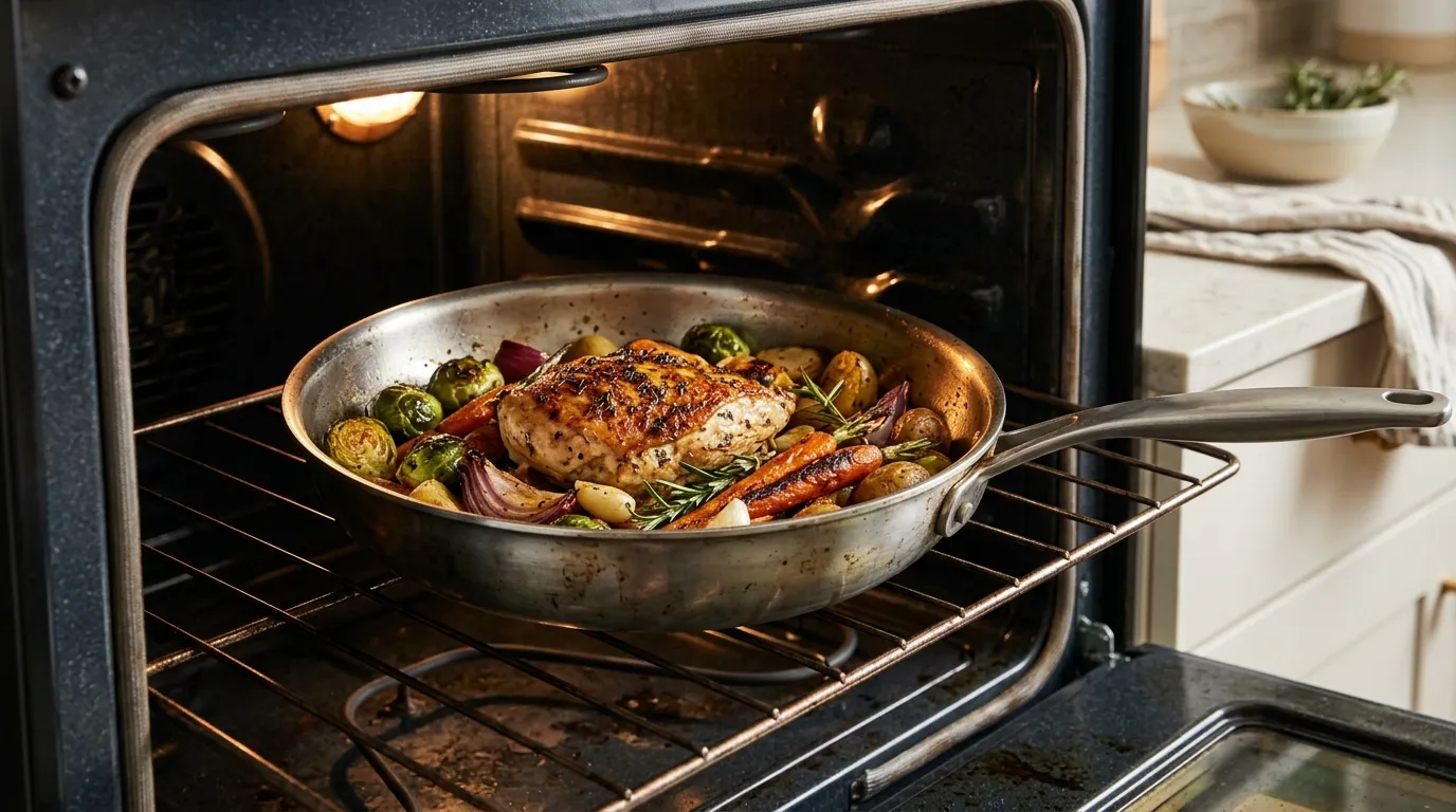 Stainless steel frying pan prepared for high-heat oven cooking with an all-metal handle