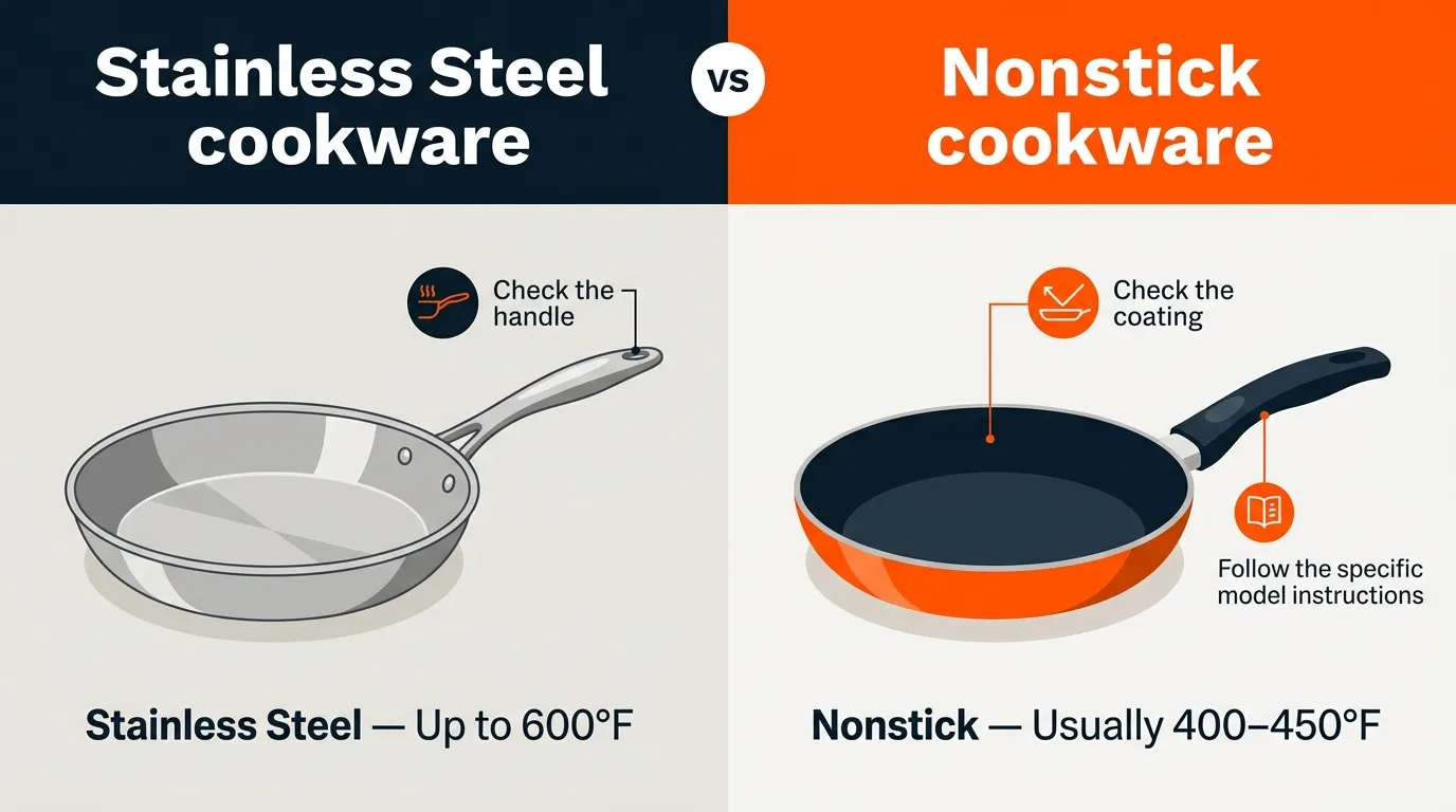 Stainless steel and nonstick frying pans compared for oven use with different heat limitations