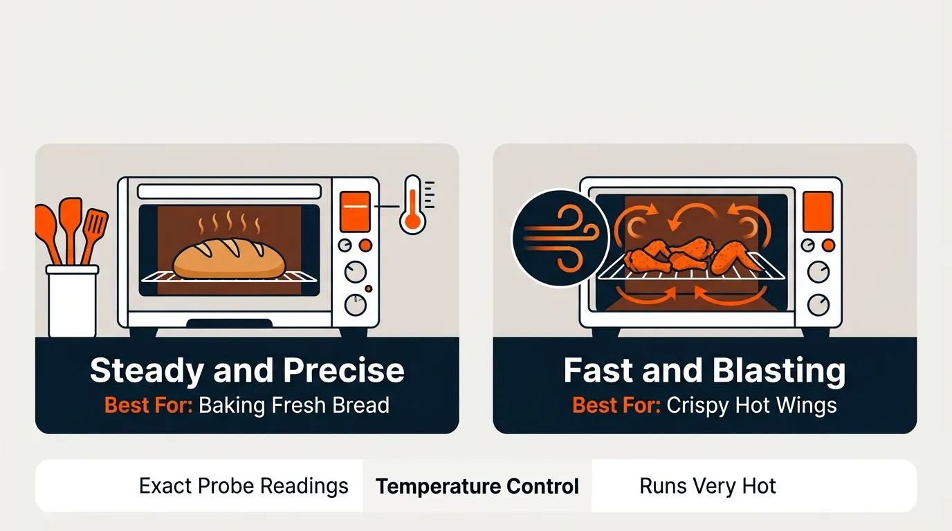 Two toaster ovens compared while one bakes bread and the other crisps chicken wings with convection heat