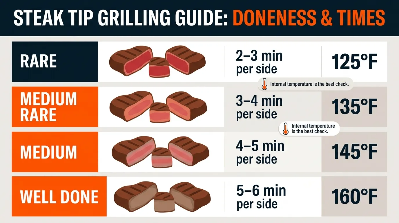 Website infographic showing grilling times and internal temperatures for rare, medium rare, medium, and well done steak tips