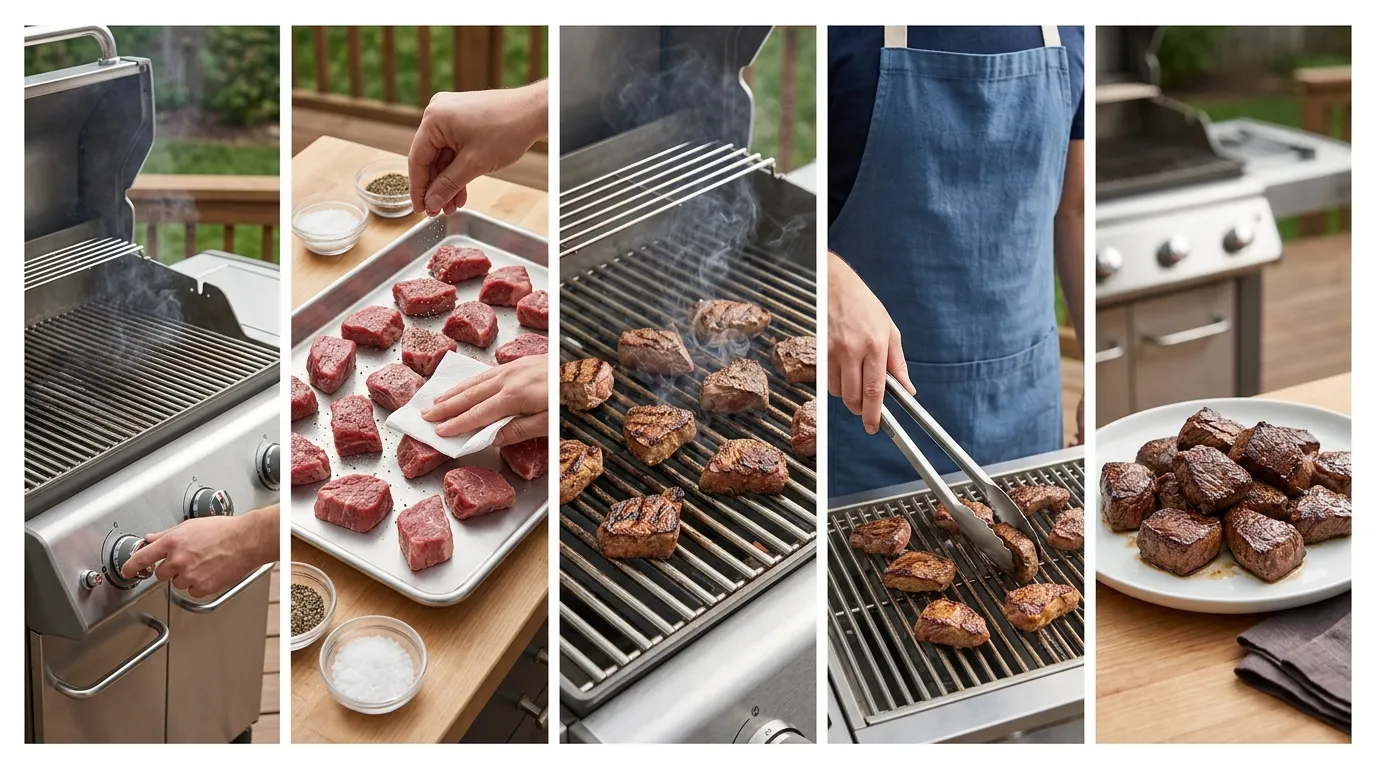 Cook preparing, grilling, flipping, and resting steak tips during a step-by-step outdoor grilling process
