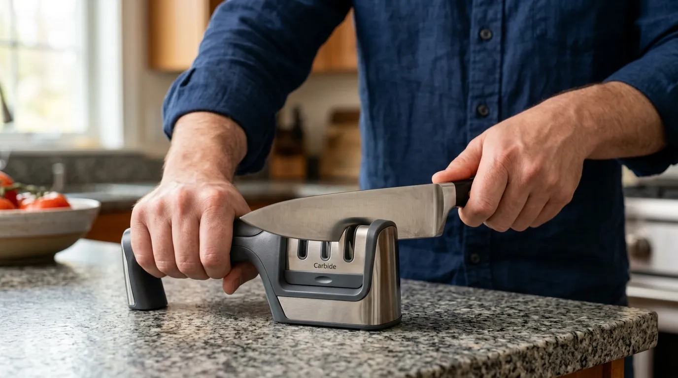 Chef’s knife being pulled smoothly through a stable manual sharpener from heel toward the tip