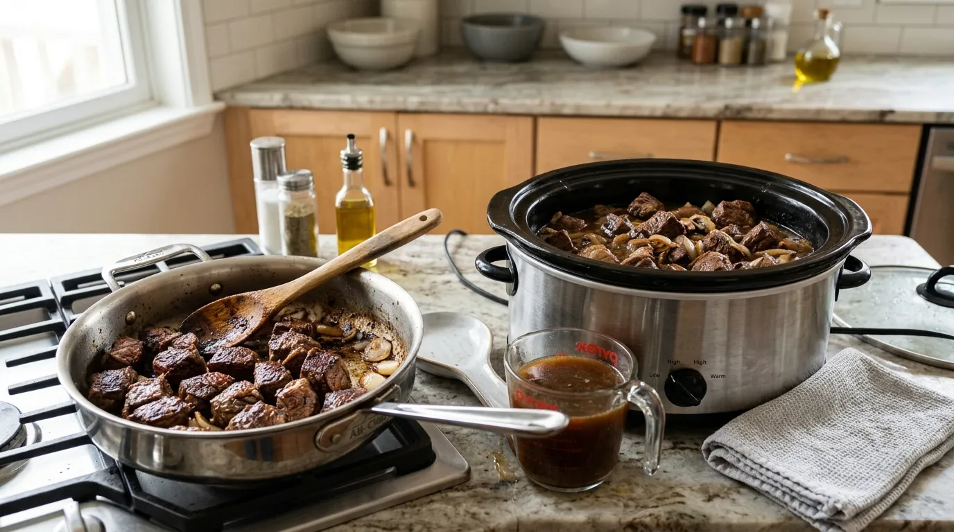 Beef tips being seared and transferred to a crock pot with broth for slow cooking
