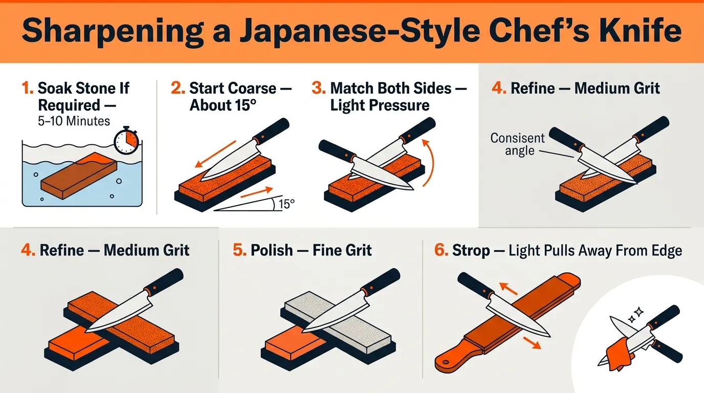 Step-by-step visual guide showing a Japanese knife moving from coarse whetstone sharpening to fine polishing and stropping