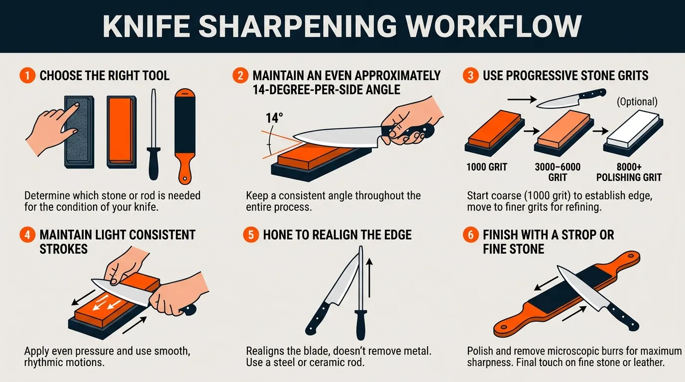 Step-by-step knife sharpening workflow showing whetstone grits, consistent angle, honing, and stropping