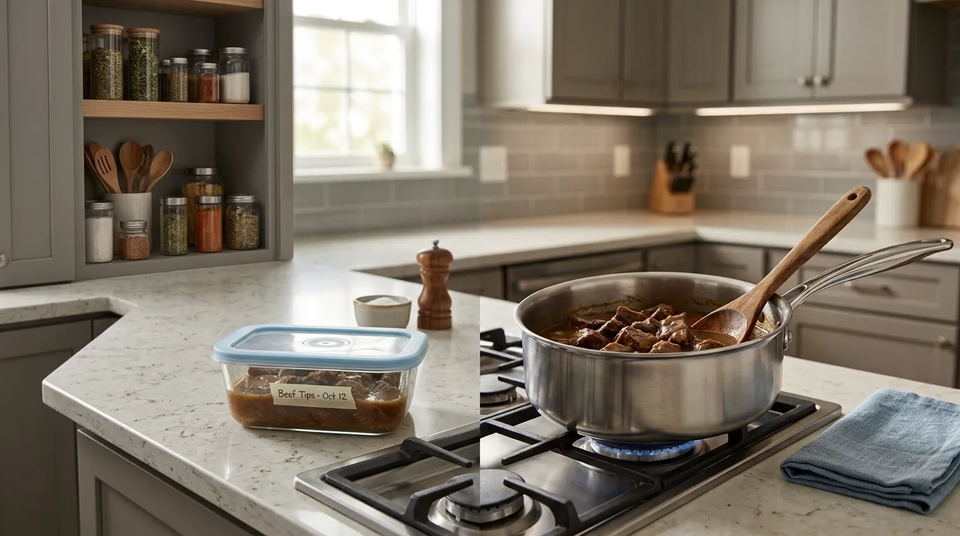 Cooked beef tips stored in a sealed container and gently reheated with beef broth