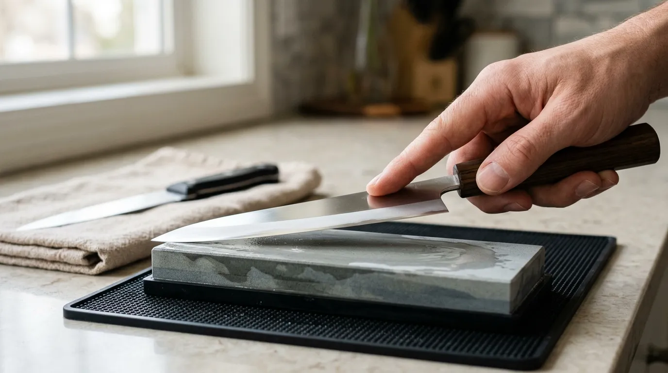 Thin Japanese-style knife blade shown with careful low-angle sharpening technique on a whetstone