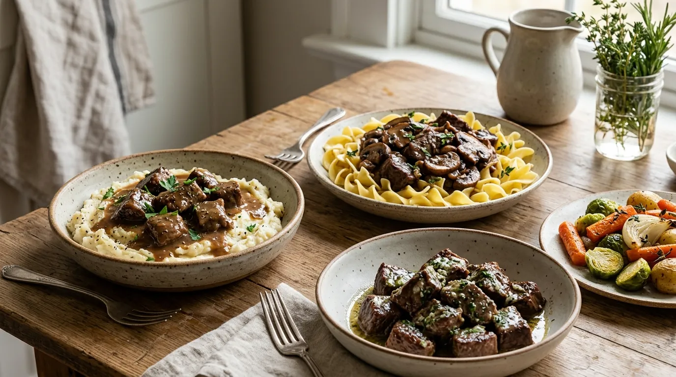 Slow cooker beef tips with gravy, garlic butter, and mushrooms served with different side dishes