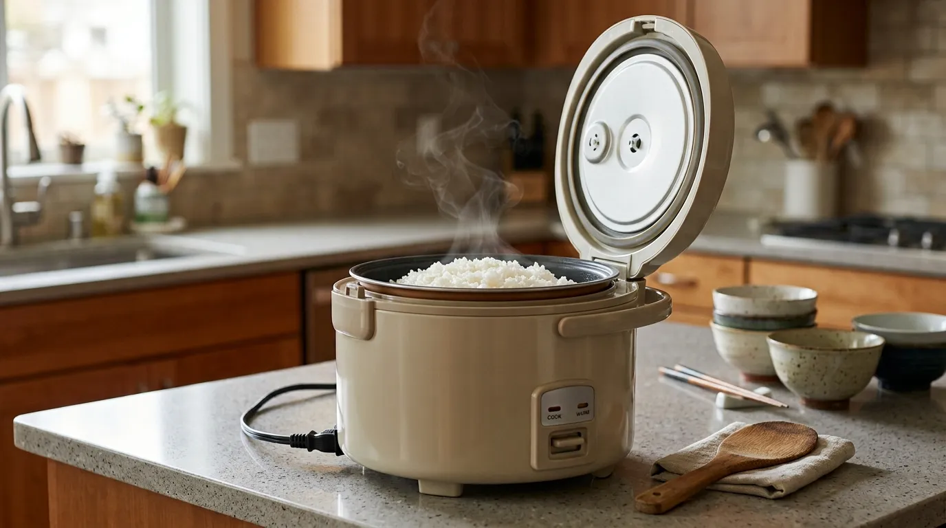 Large-capacity traditional rice cooker preparing fluffy white rice for a family meal