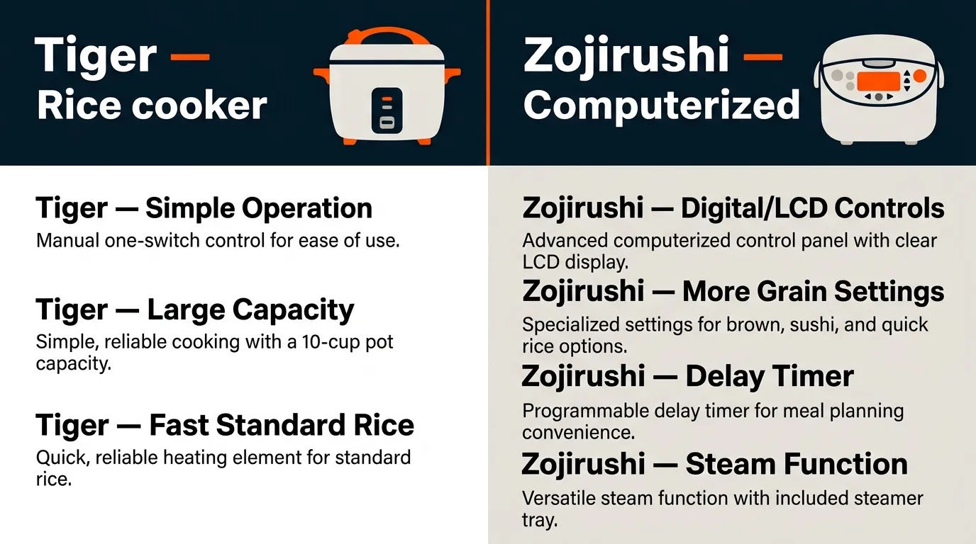 Editorial comparison chart showing key differences between simple Tiger-style and computerized Zojirushi-style rice cookers