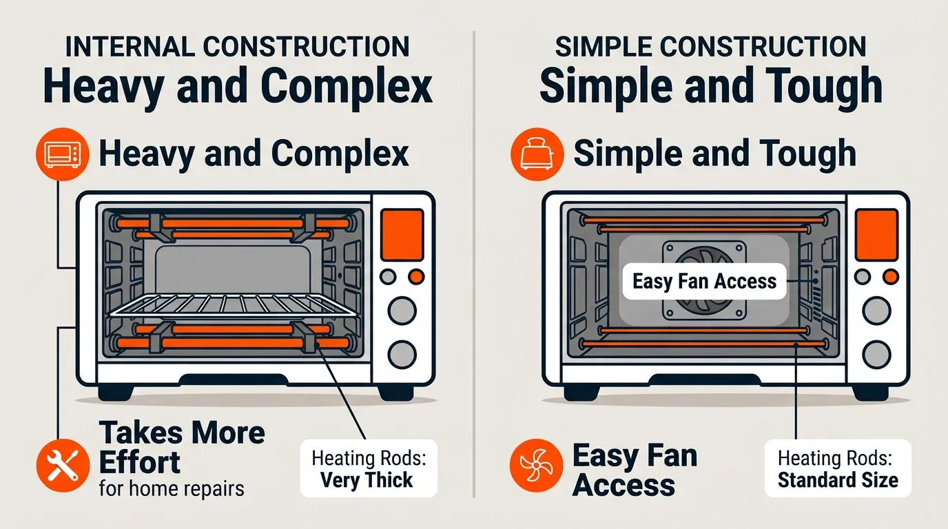 Internal toaster oven components compared to show heating elements, fan access, and repairability