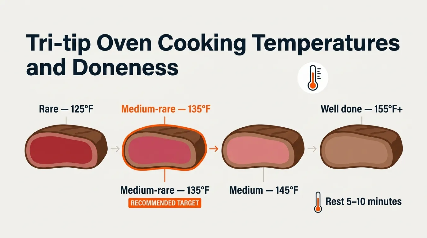 Tri tip doneness guide showing rare, medium-rare, medium, and well-done internal temperatures
