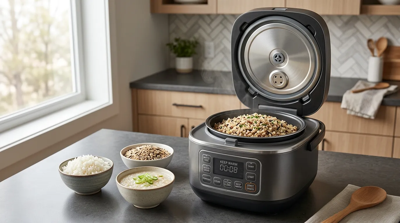 Premium rice cooker preparing white rice, mixed grains, porridge, and other versatile grain dishes in a modern kitchenPremium rice cooker preparing white rice, mixed grains, porridge, and other versatile grain dishes in a modern kitchen