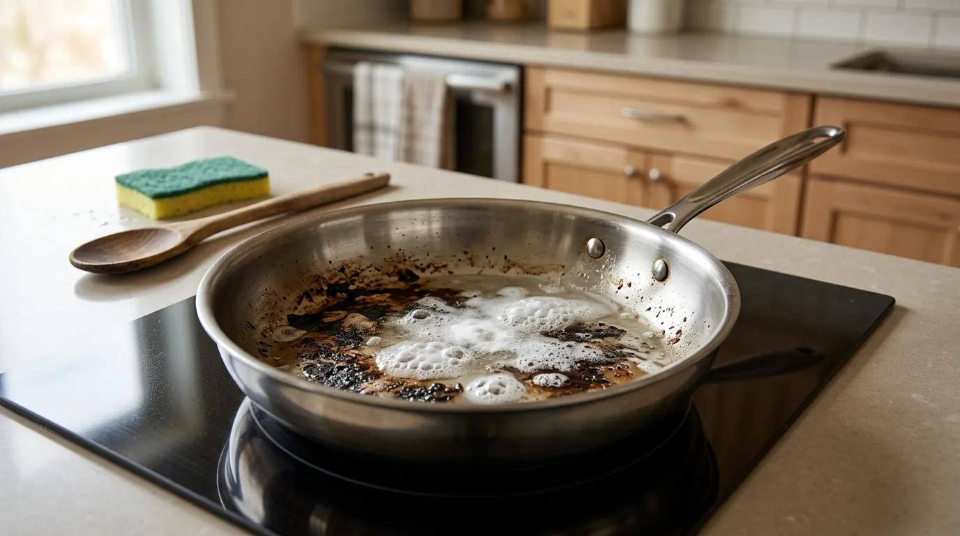 Vinegar and baking soda reacting in a burnt stainless steel frying pan during gentle cleaning