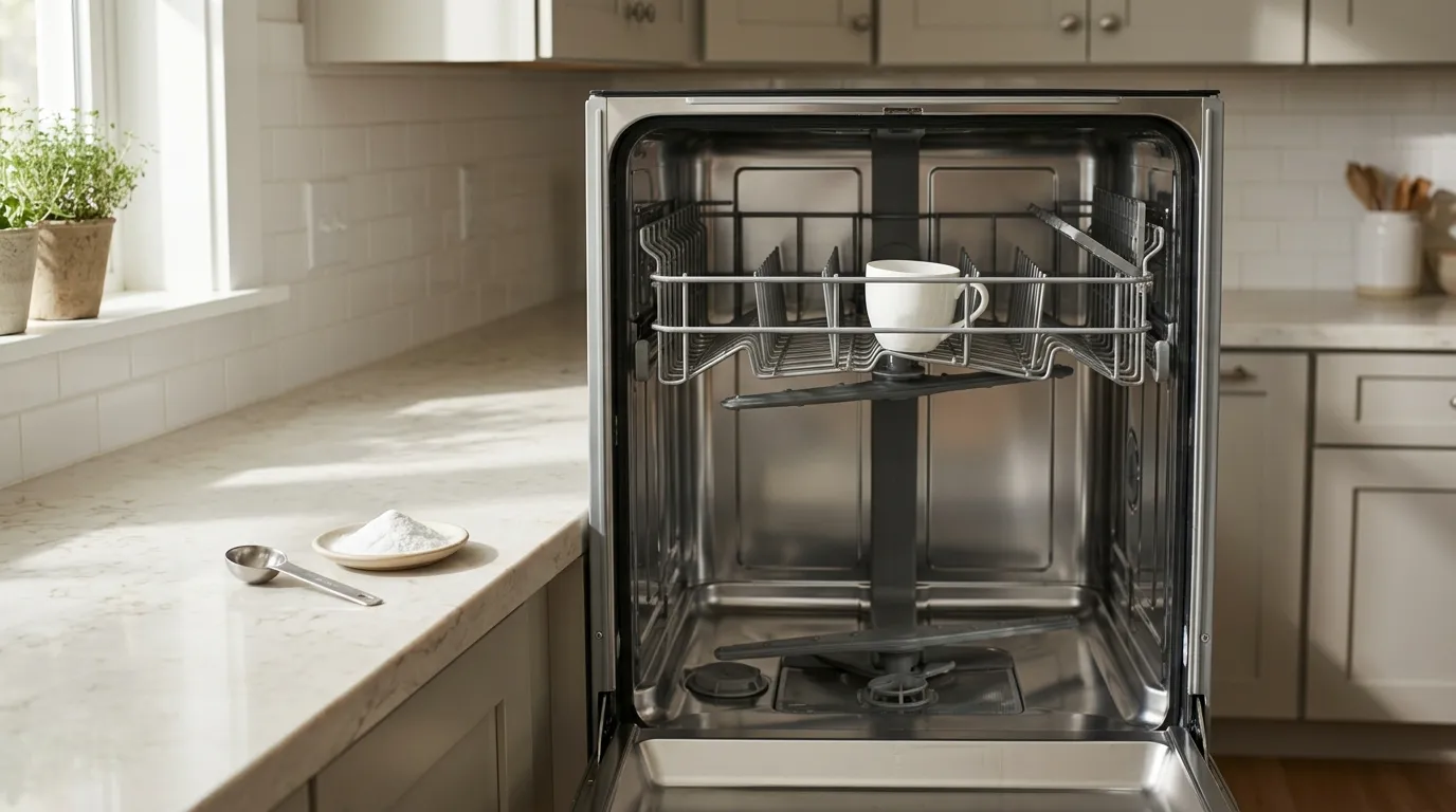 White vinegar placed on the top rack and baking soda prepared for a separate dishwasher cleaning cycle