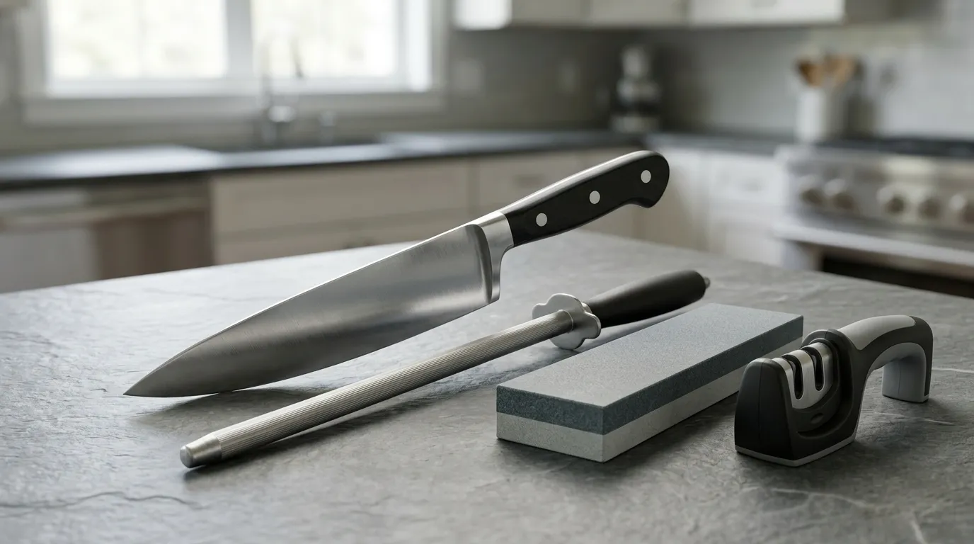 Chef's knife, whetstone, honing steel, and handheld sharpener arranged for understanding blade care