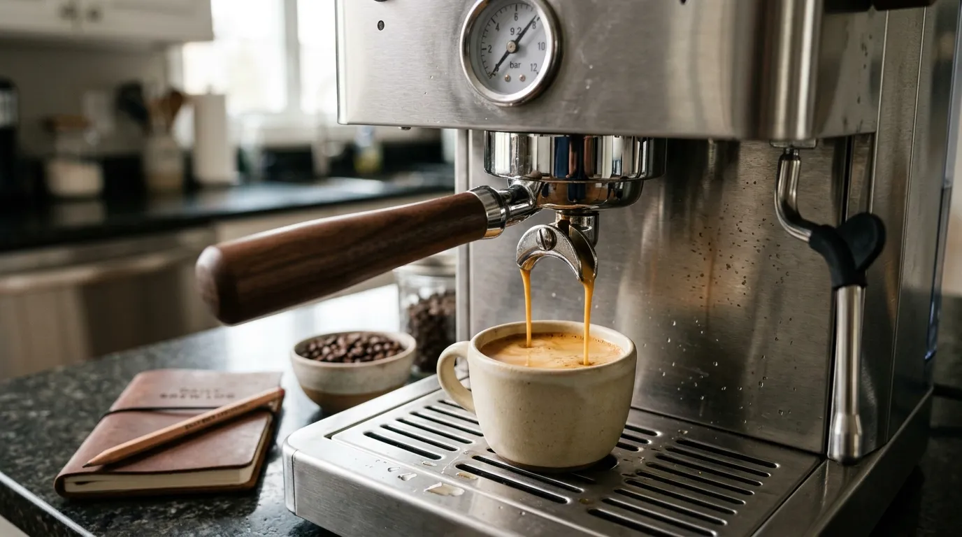 Fresh espresso flowing from a portafilter into a cup during a home espresso extraction